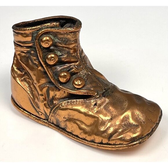 Antique 1800s BRONZED Copper Victorian BABY SHOE Side Button High Top EUC - Picture 1 of 6
